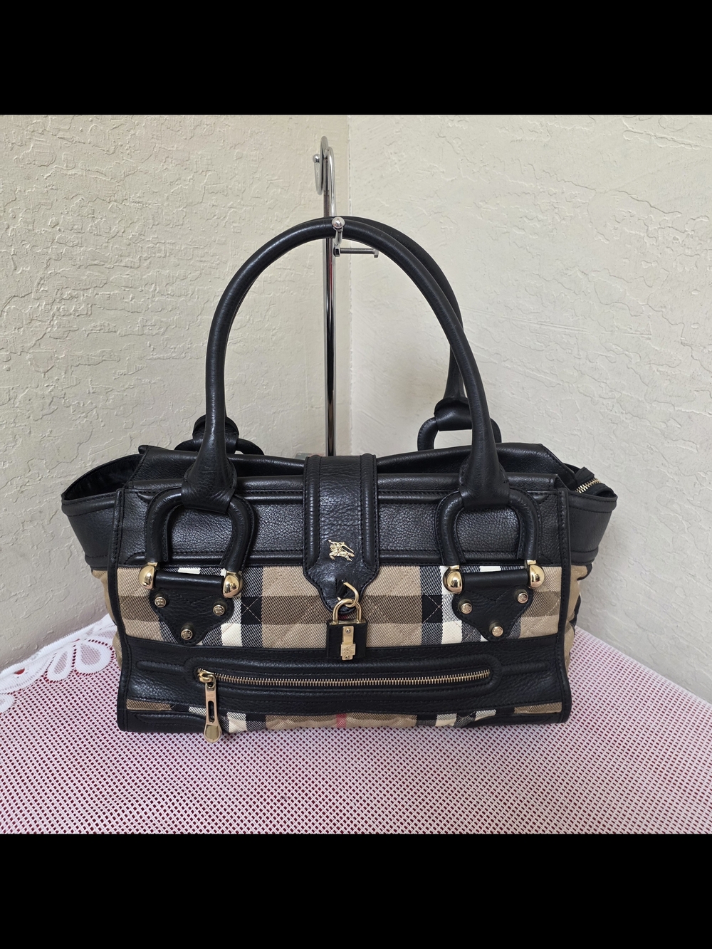 Burberry Canvas Leather Nova Check Quilted Handbag Satchel AUTHENTIC